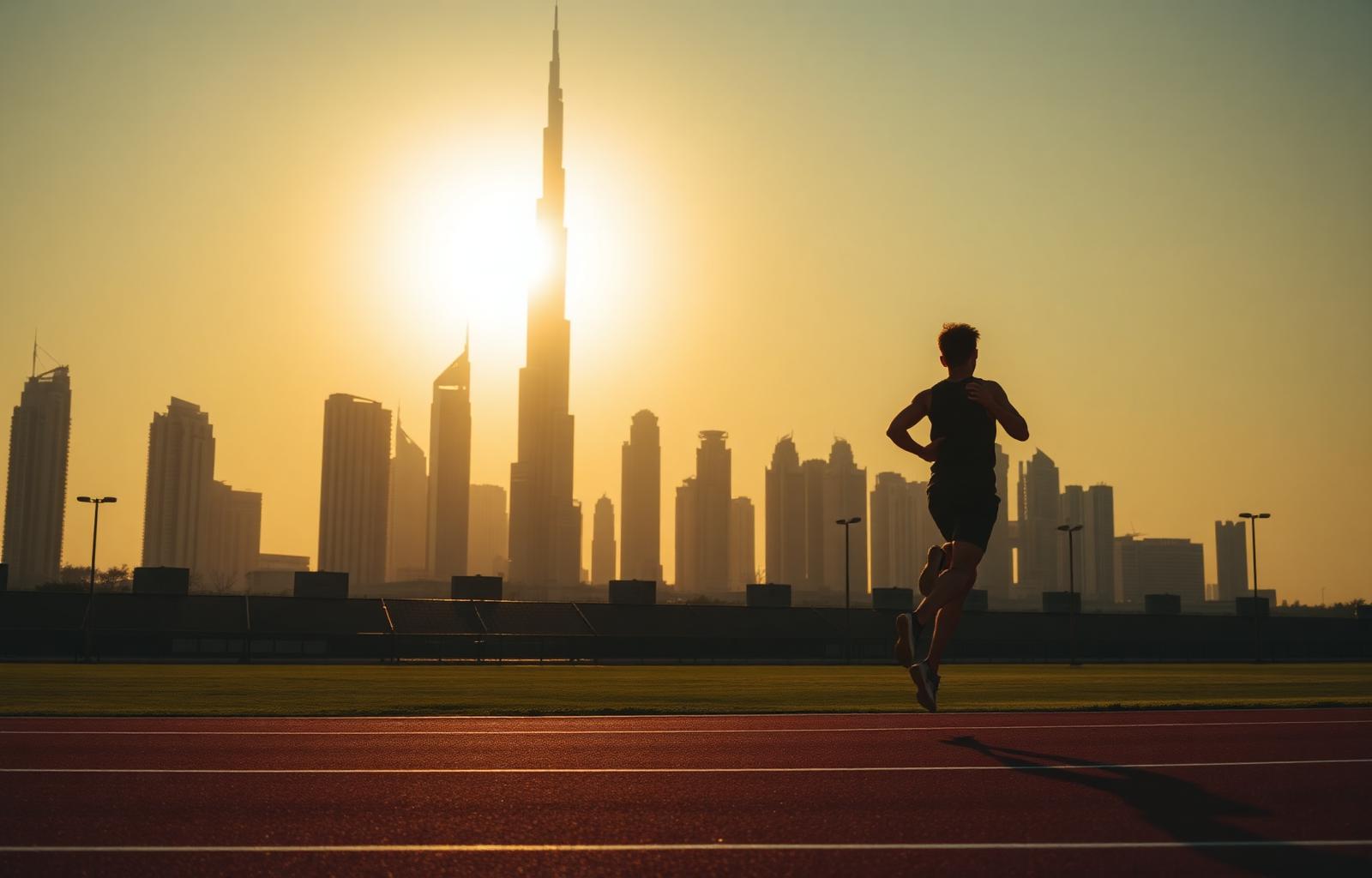 Athlete training in front of the Dubai skyline